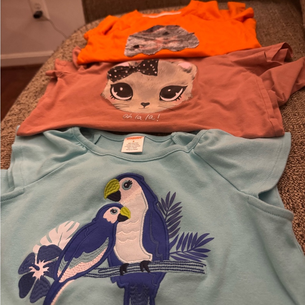 Girls 3 shirts gently worn size 6 and size 8 (parrot shirt) selling as a lot